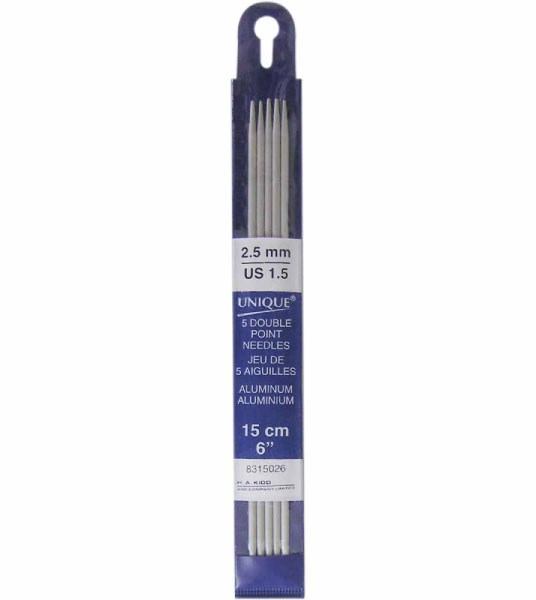 UNIQUE KNITTING Double Point Knitting Needles 15cm (6″) - Set of 5 Aluminum - 2.5mm